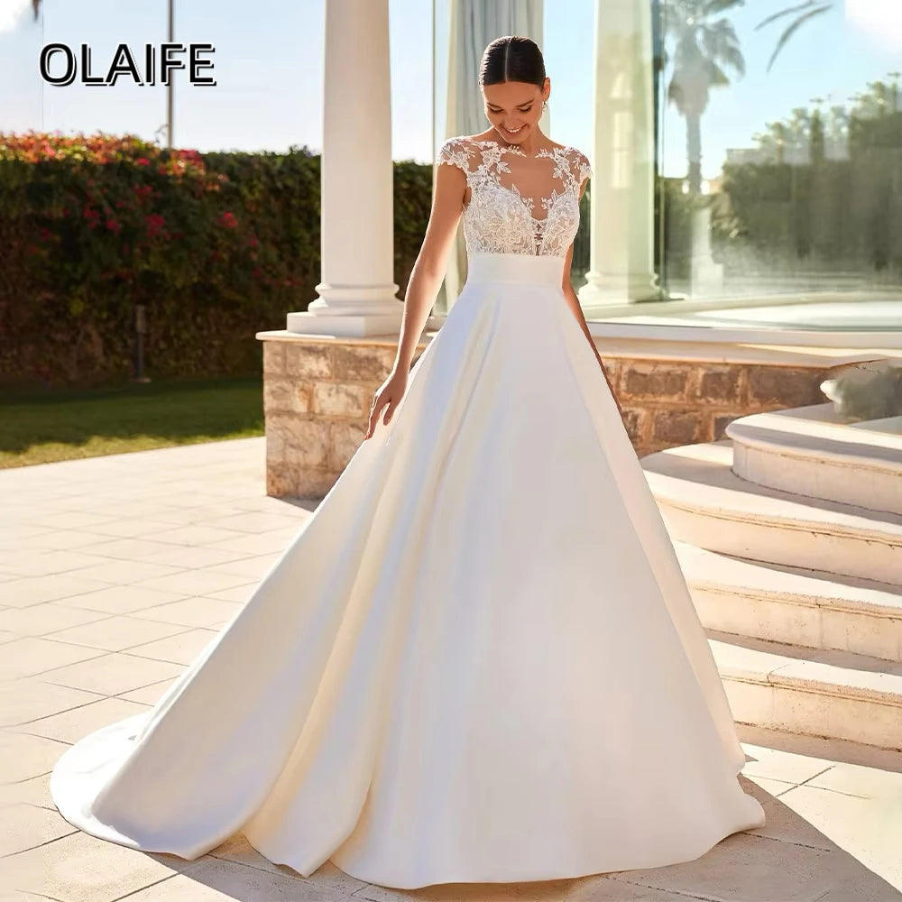 Vintage Lace Applique Satin A Line Wedding Dresses Short Sleeves Buttons Back Customized Bridal Grown 2025 vestidos de novia