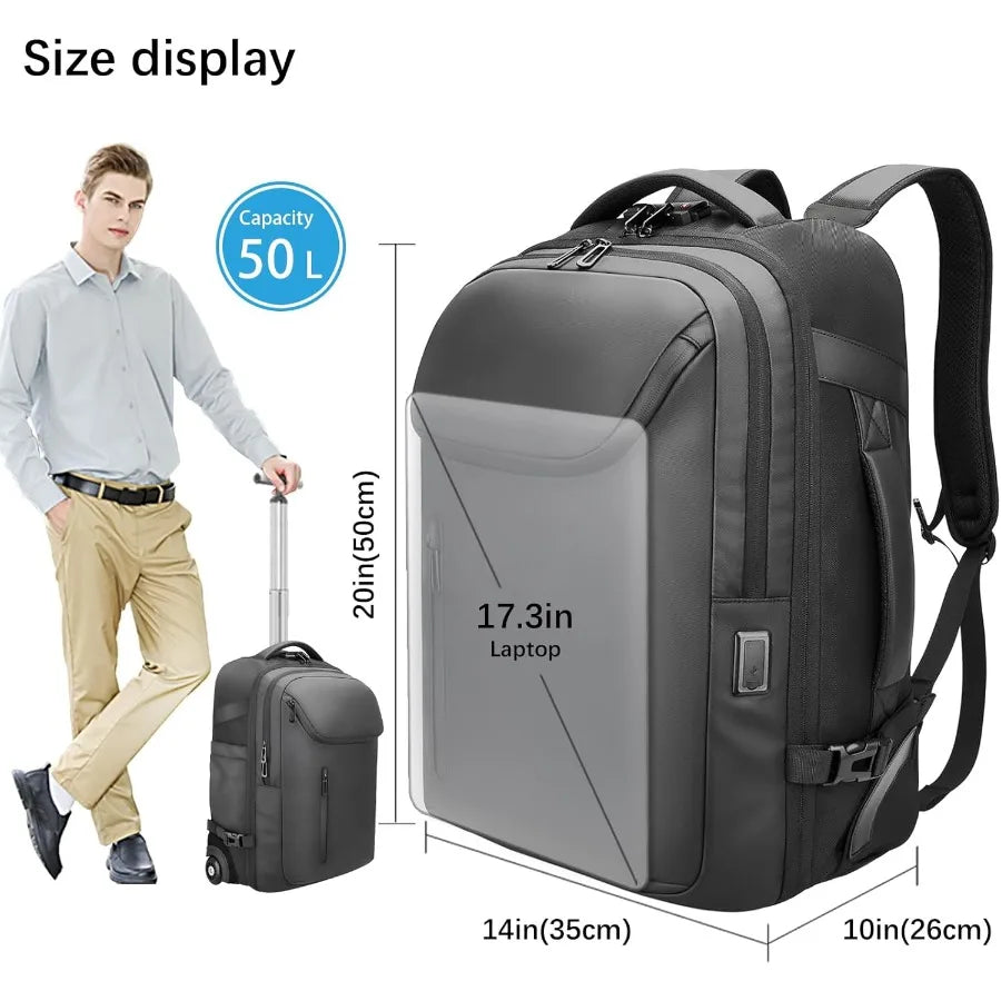 Large Rolling Backpack for WomenandMen 50L Work Backpack with Wheels Business Laptop Backpack with USB Port TSA Lock Carry On f