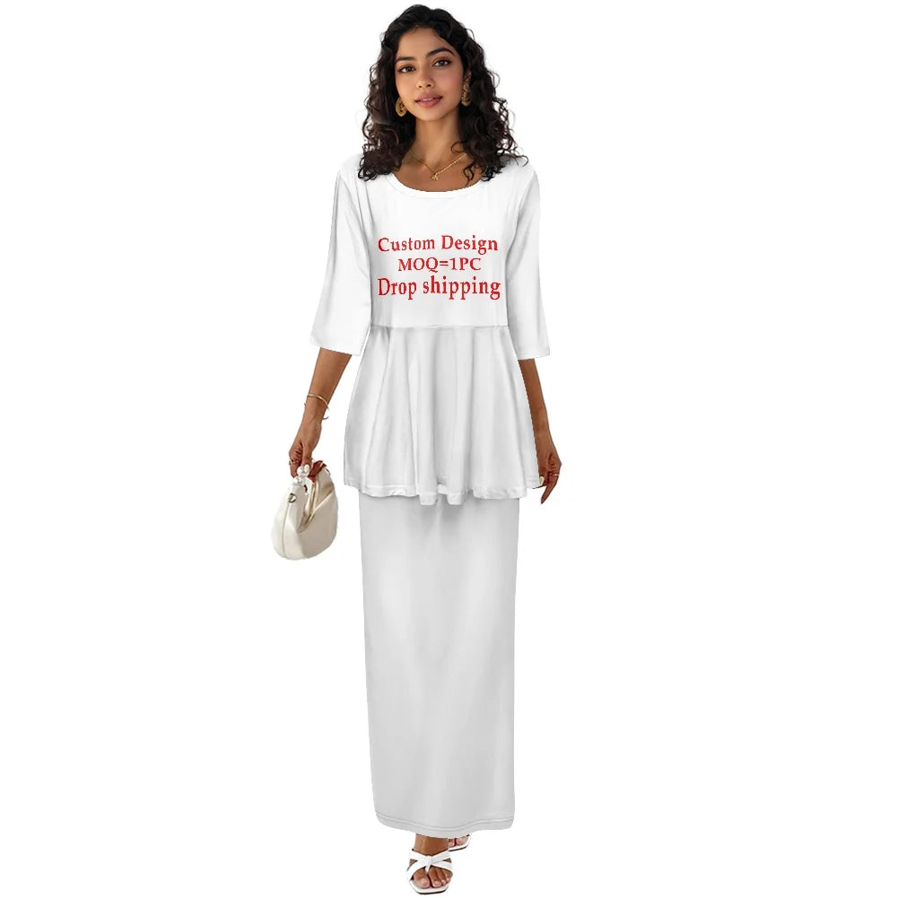 Printed Polynesian Tribal Print crew neck Samoan Puletasi Custom Top And Skirts Womens Two Piece Outfits Set Dress