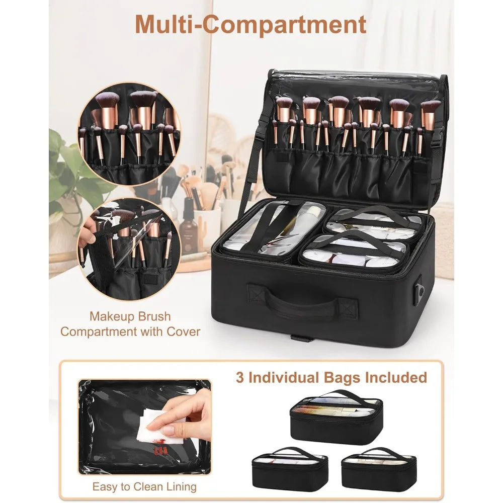 Large Makeup Bag with 3 Removable Pouches, Adjustable Dividers & Brush Holder - Professional Travel Cosmetic Organizer Case