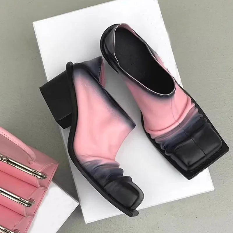 Retro Color Matching Square Toe Chunky Heel Leather Shoes Woman 2025 Slip On Pleated High Heel Muller Shoes for Women Pink Brown