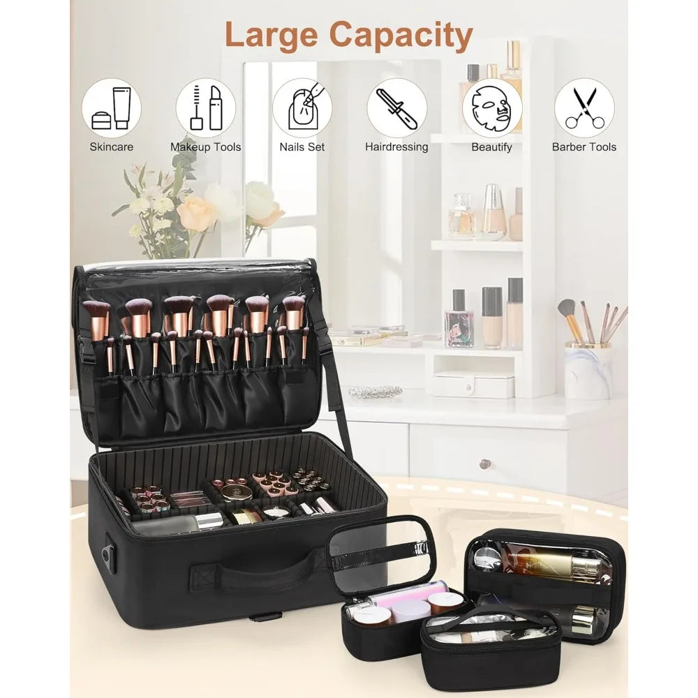 Large Makeup Bag with 3 Removable Pouches, Adjustable Dividers & Brush Holder - Professional Travel Cosmetic Organizer Case