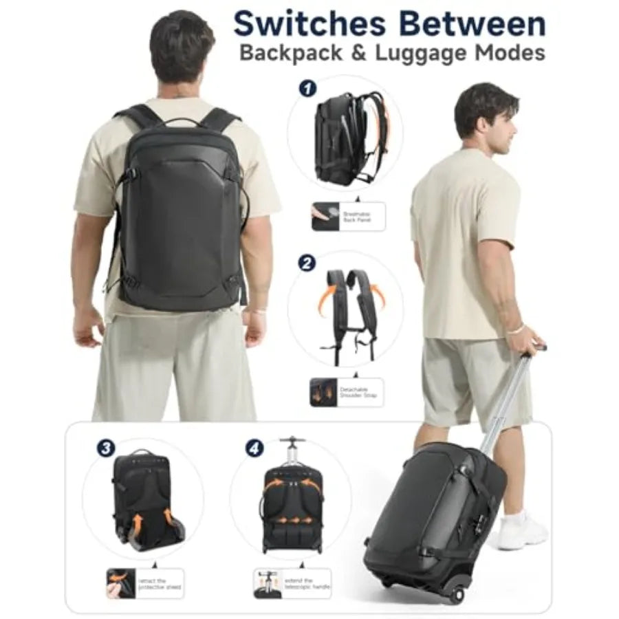 Rolling Laptop Backpack 2 in 1 Carry on Backpack with Wheels Water Resistant Carry on Suitcase with 2 Packing Cubes TSA Large T