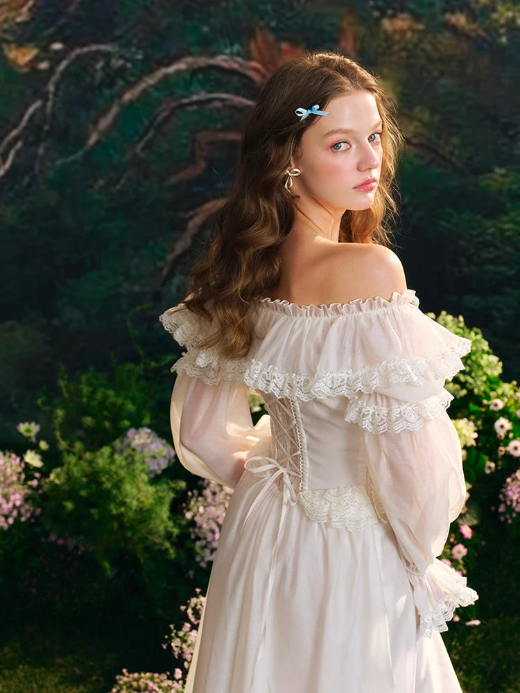 TIYIHAILEY Autumn Women Dress Full Lantern Sleeve Long Maxi Ladies XS-XL Vintage High Waist Lace Slash Neck White Lace Up 2025