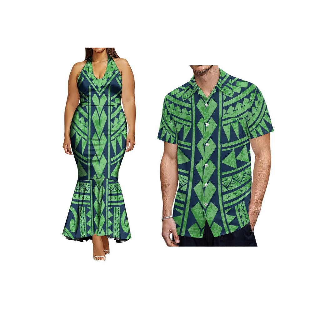 Print on Demand Ladies Sleeveless Fishtail Dress Hawaiian Polynesian Tribal Side Zipper Fishtail Halter Dress Custom Prom Dress