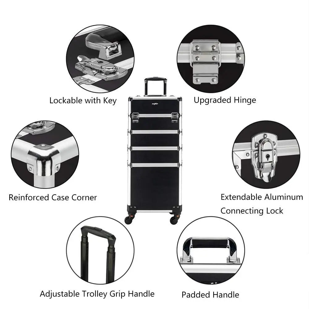 Aluminum 4-in-1 Rolling Makeup Train Case, Portable Travel Organizer with Wheels, Lockable Beauty Storage Suitcase (Black)