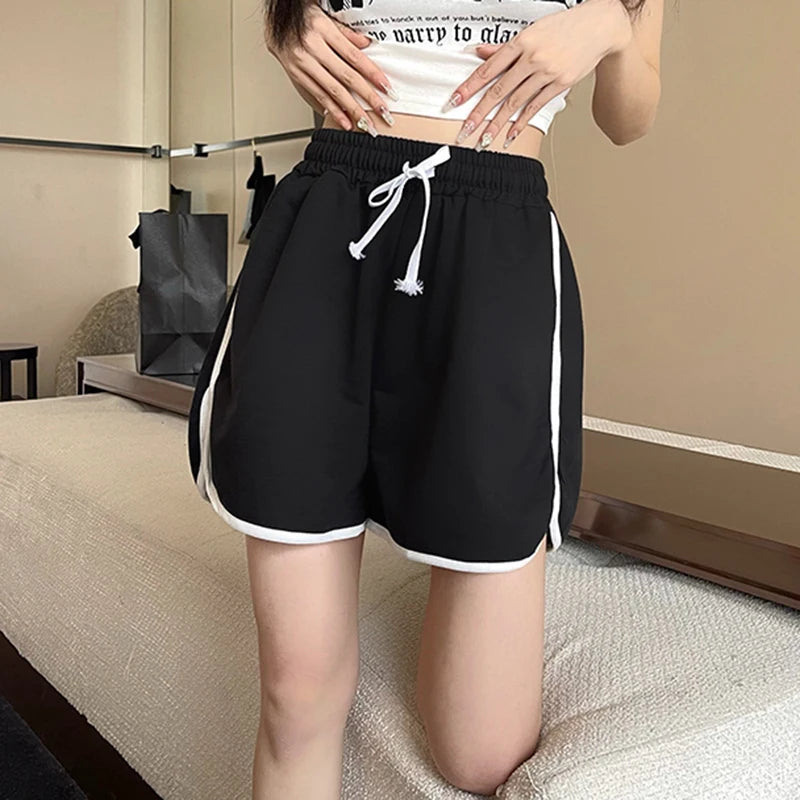 Woman Summer High Waist Korean Baggy Shorts Girls Elastic Casual Lace Up Y2k Slacks Female Loose Clothes Black Pink Gray Joggers