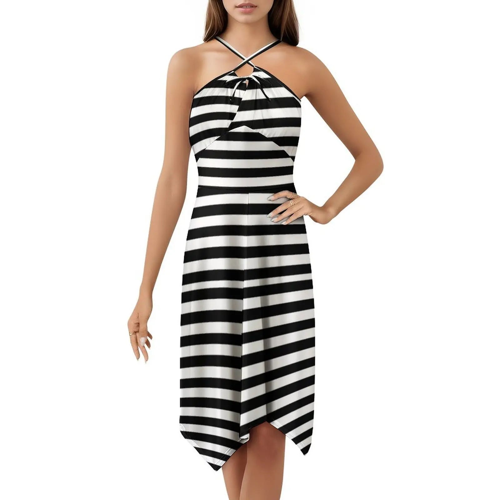 Black & White Stripes Sweetheart Neckline Dress Elegant Summer Party Dress For Women Black White Pattern Dress For Girls