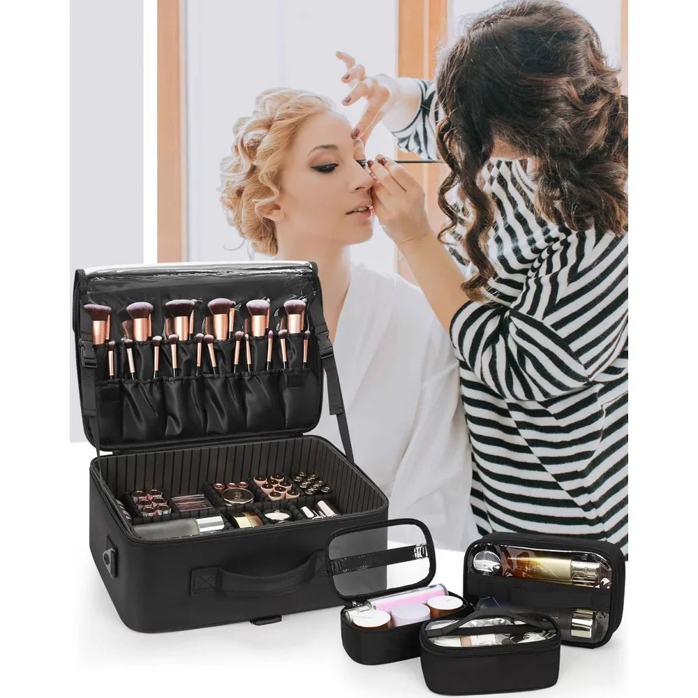 Large Makeup Bag with 3 Removable Pouches, Adjustable Dividers & Brush Holder - Professional Travel Cosmetic Organizer Case
