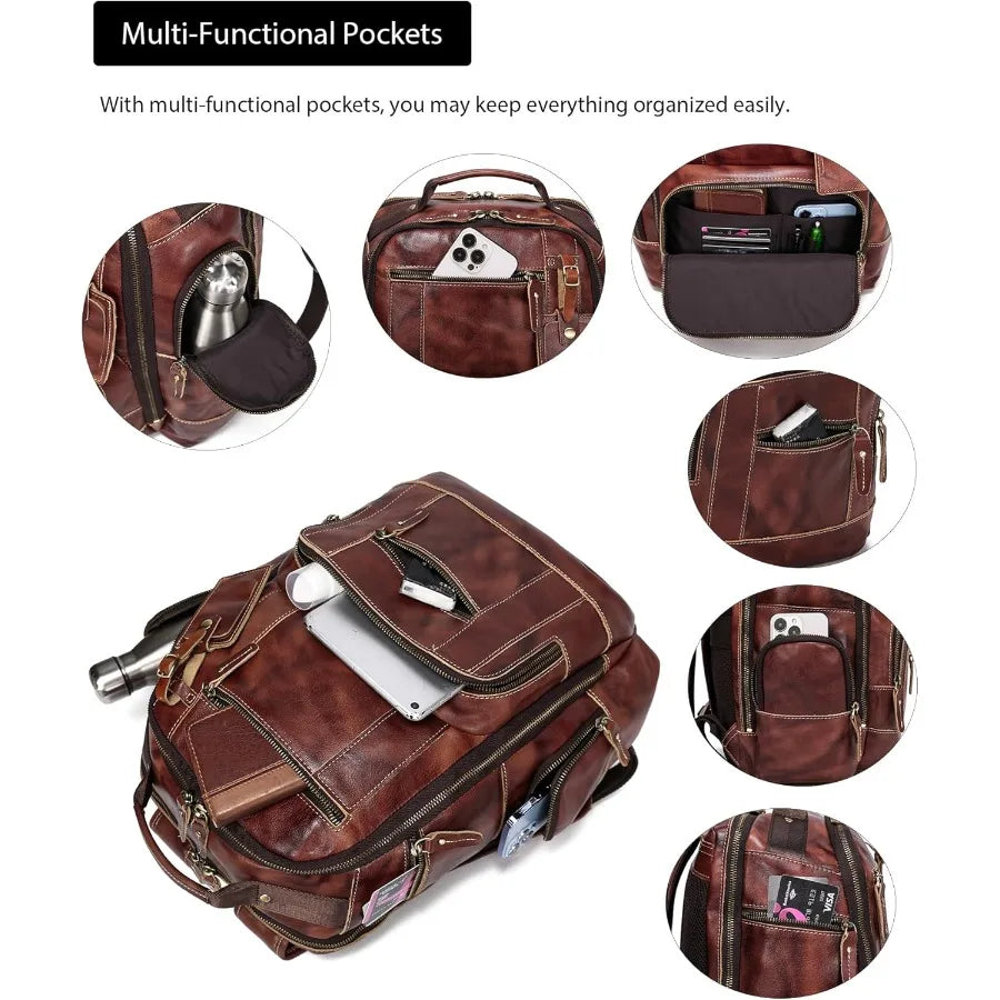 LANNSYNE Full Grain Leather Backpack For Men Fits 16" Laptop Coffee