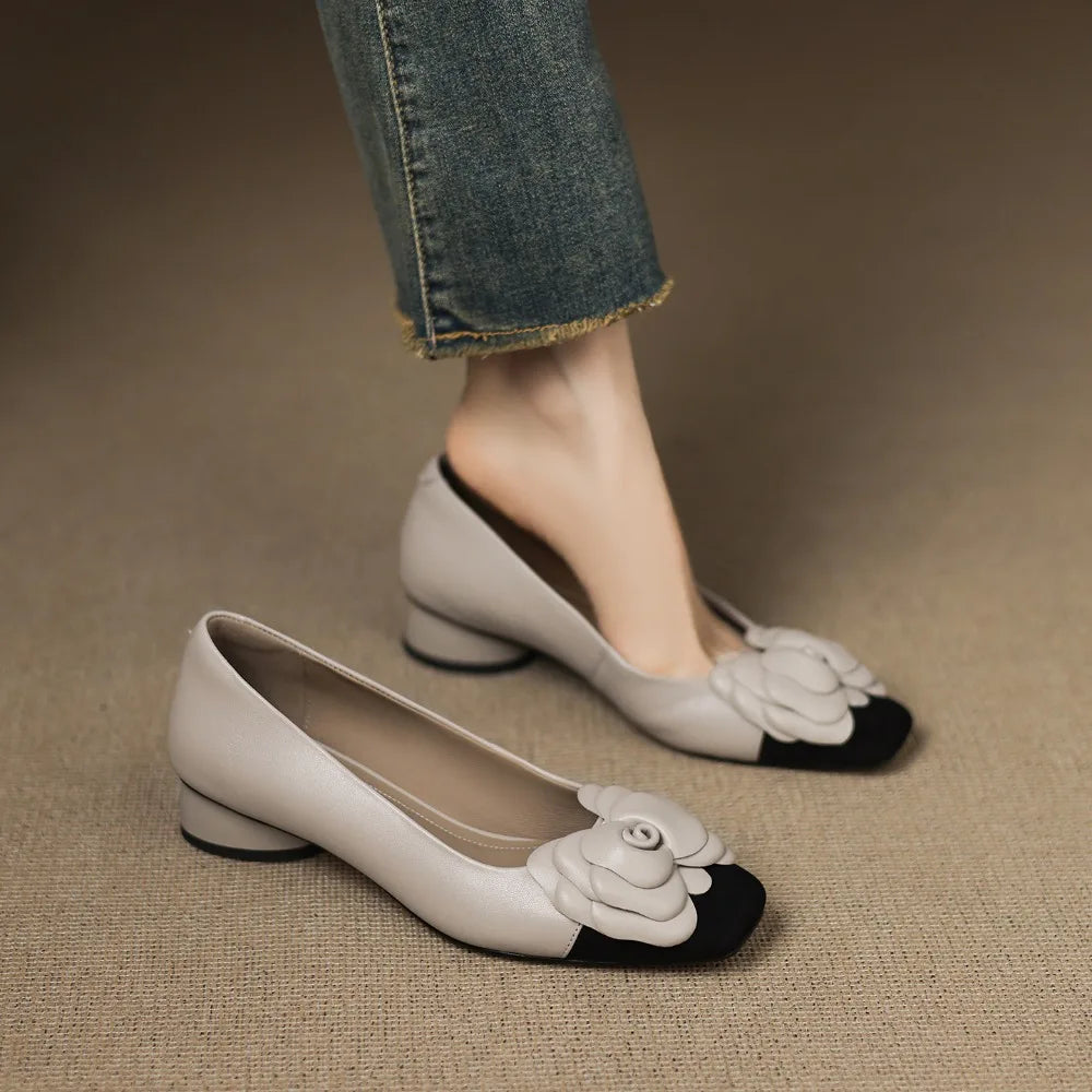 Fashion Flower Single Shoes Autumn New Square Toe Shallow Mouth Slip-on Non-Slip Low-Top Shoes