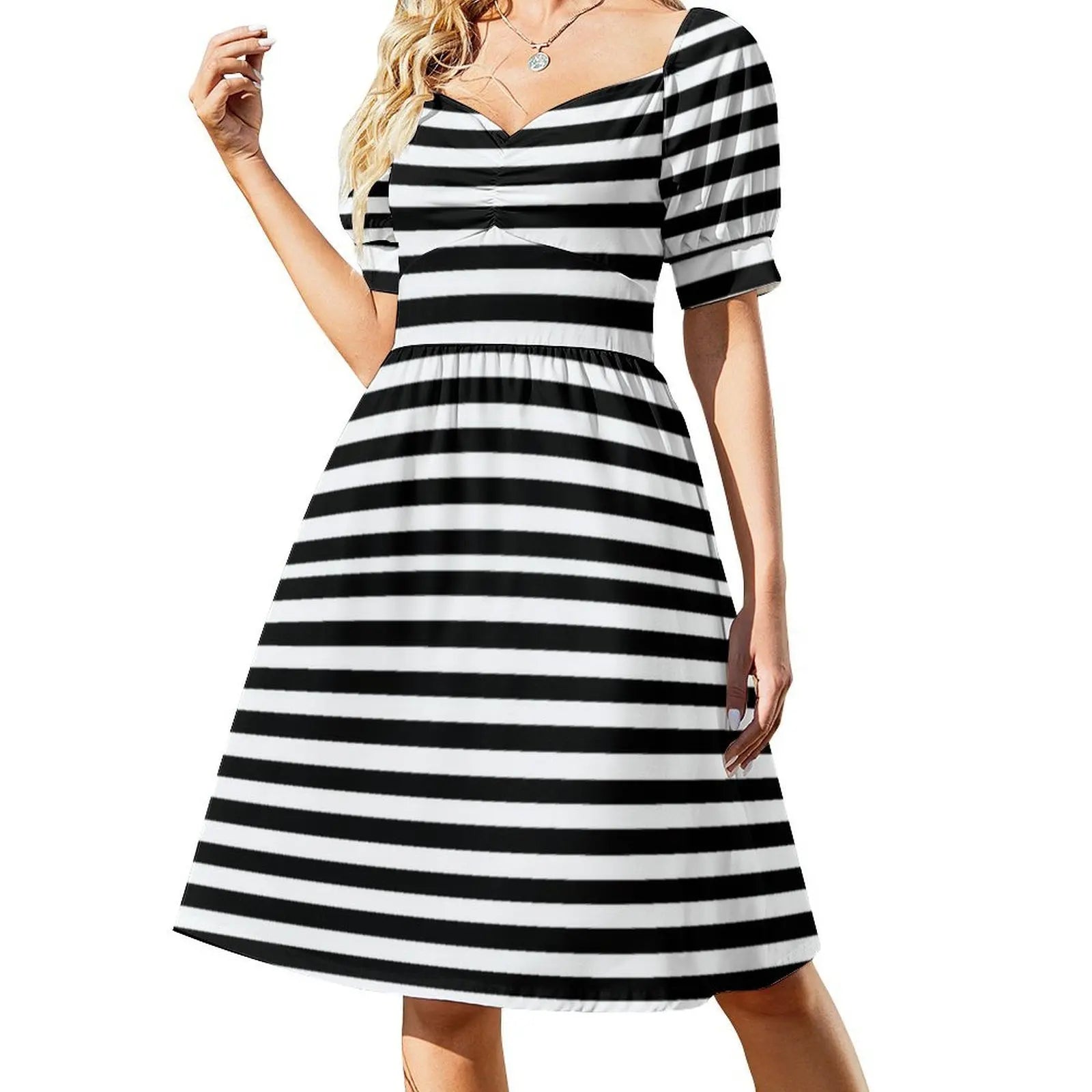 Black & White Stripes Sweetheart Neckline Dress Elegant Summer Party Dress For Women Black White Pattern Dress For Girls