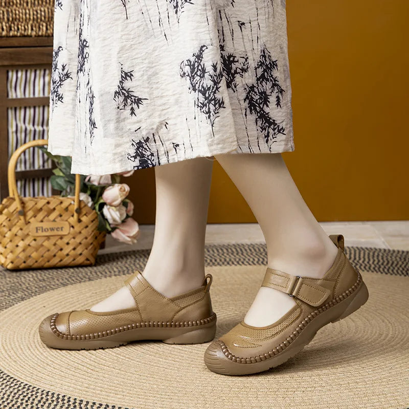 Autumn Top Cowhide Shallow Mouth Single Shoe For Women Retro Style Flat Bottomed Cow Tendon Soft Soled Mother's Shoes