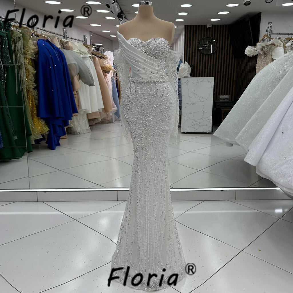 Luxury White Wedding Dress with Detachable Train Pearls Crystal Satin Mermaid Bride Party Gowns African Woman Vestidos de Gala