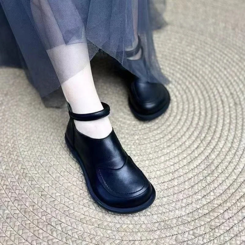 2025 Women's Soft Leather Ankle Boots Patch Round Toe Slip-On Casual Shoes Breathable Black Booties