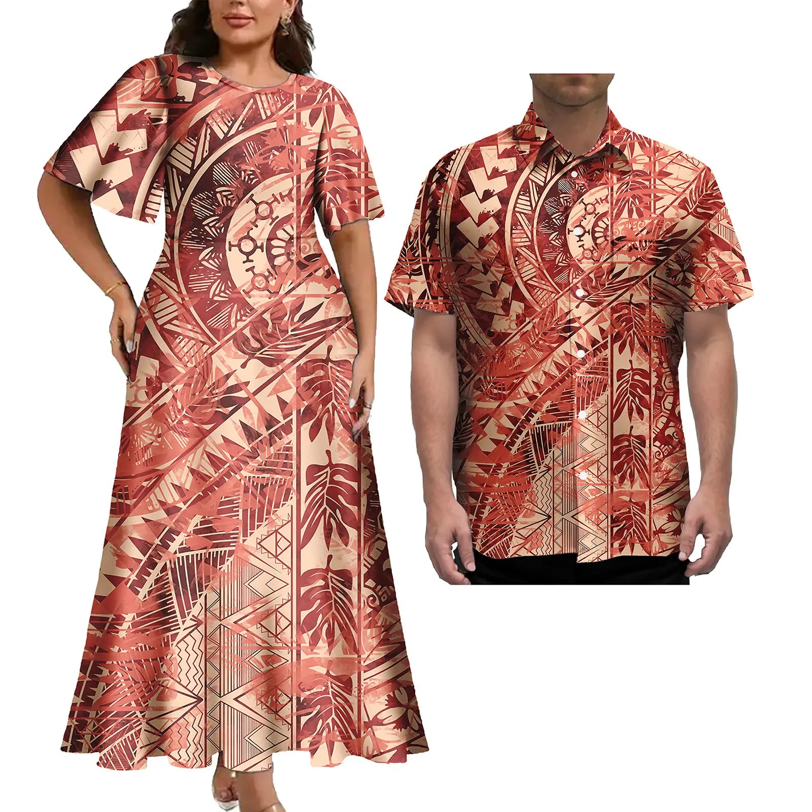 Latest Plus Size Couple Clothing Polynesian Tropical Print Women's Casual Dress Island Style With Matching Men's Hawaiian Shirt