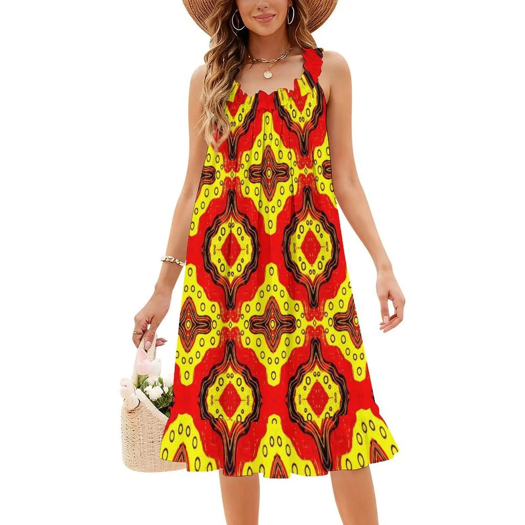 Pattern In Red And Yellow Women's Elegant Party Dress A-Line Dress With Short/Long/Sleeveless Options Pattern Red Yellow Red