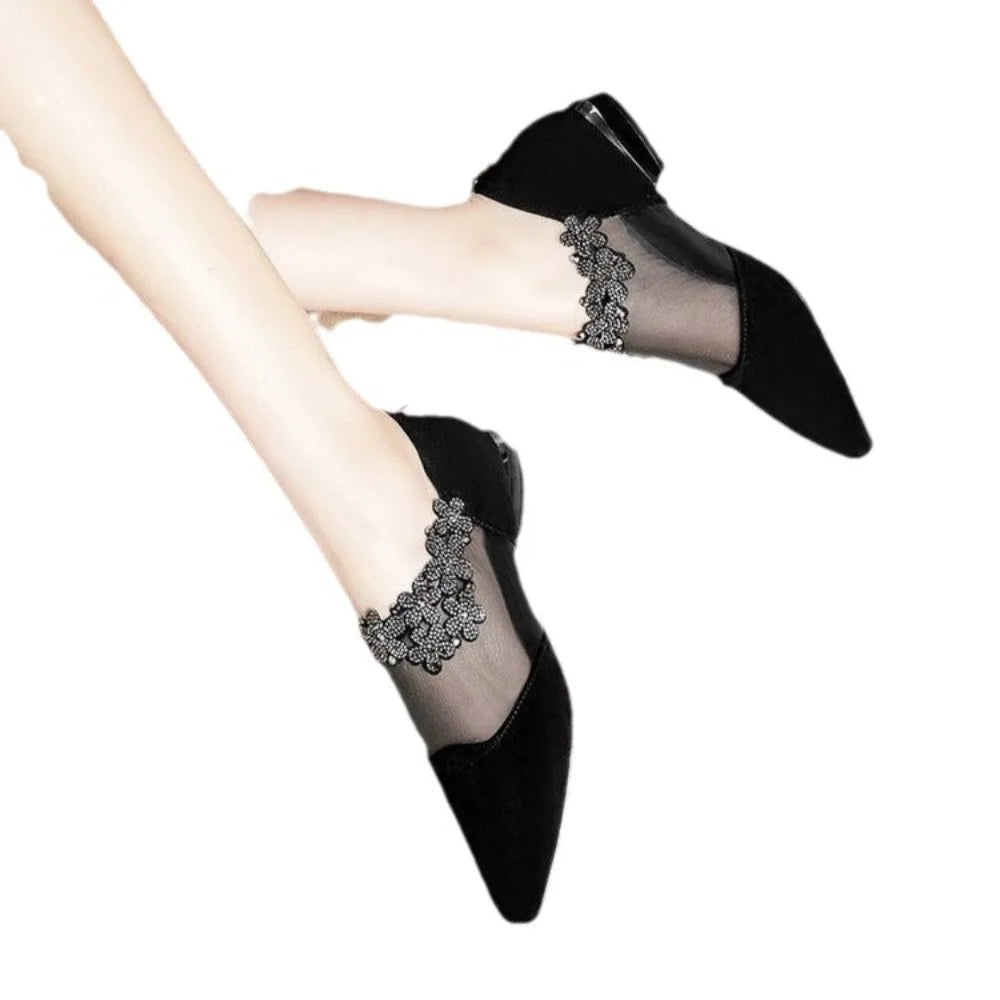 New Water Design Pointed Shoes Single Shoes Bright Drill Mesh Boots Back Zip Crystal Floral Floral Sandals Ladies Shoes