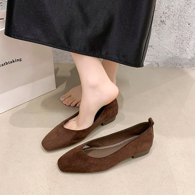 2025Low Heel Shoes Autumn New Square Toe Shallow Suede Slip-on Soft Sole Non-slip Wear-resistant Single Shoes