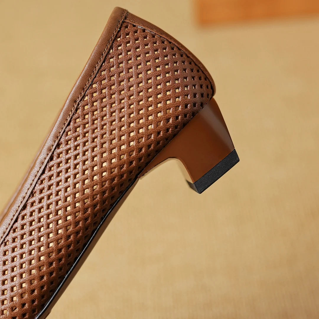 Plus size 34-41 women's hollow-out sheepskin slip-on summer breathable pumps metal toe 3cm kitten heel elegant ladies heels shoe