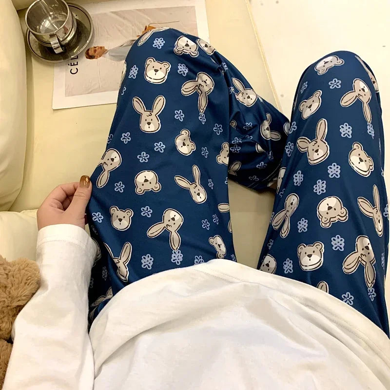 Pajama Pants Long Pants White Cartoon Rabbit Girl Casual Pants Student Home Pants Plus Size Black Female Fashion Sleeping Pants
