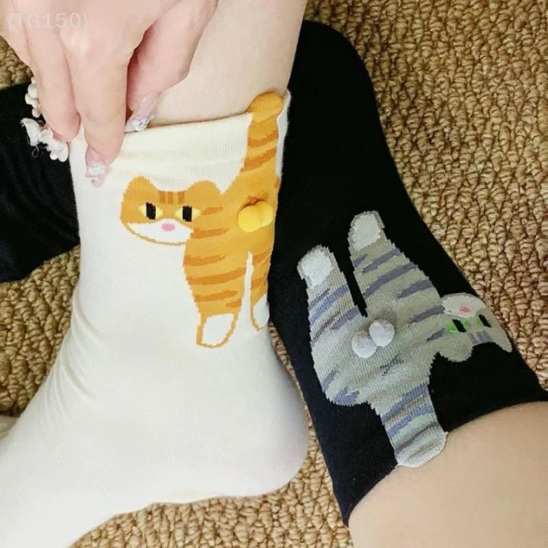 【N】 1/2 Pair Cartoon Cute Cat Balls Cotton Socks, Kawaii Lolita Knitting Middle Tube Socks with Cat Butt Print