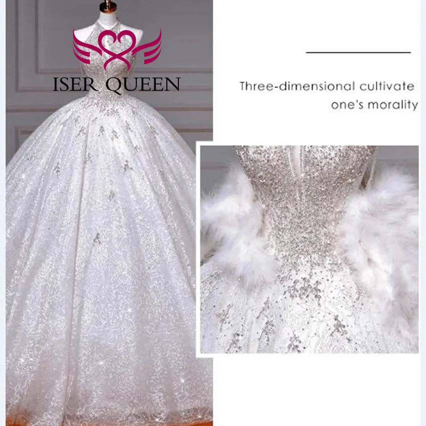 Customized Backless Halter Exquisite Wedding Dress For Ladies 2025 New Heavy Crystal Beaded Feather Shiny Wedding Dresses WX0481