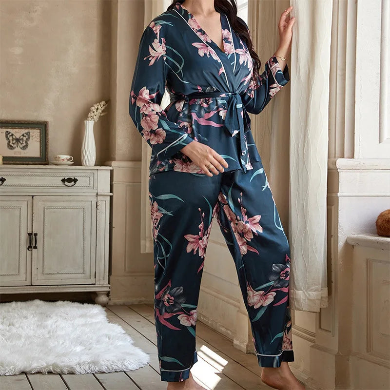 Women's Pajama Large Size Pajamas Cardigan Lace-Up Pajamas Pajama Pants Casual Loose Home Ladies Suit Can Be Worn Outside Pijama