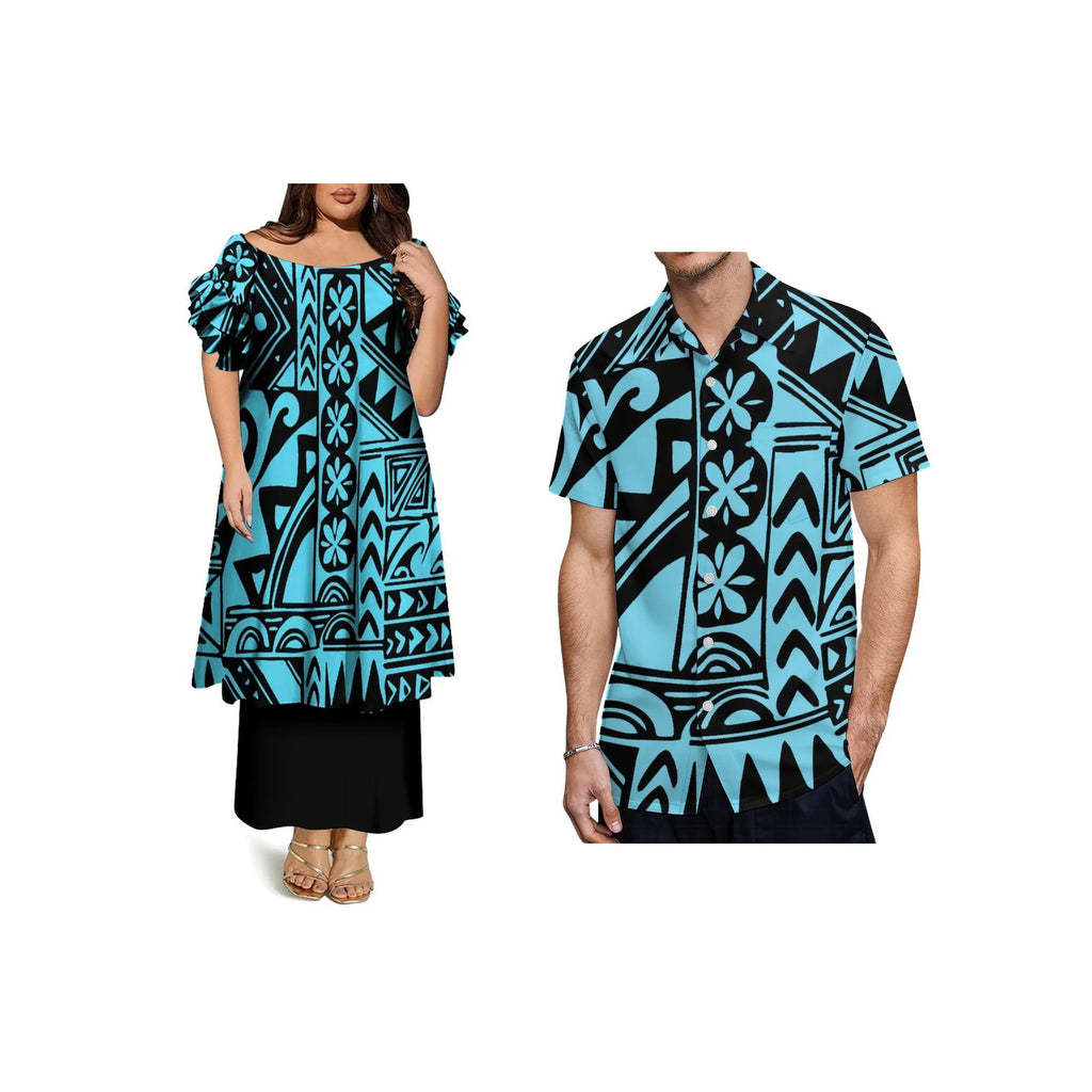 Custom Frill Short Sleeve Womens Dress Polynesian Samoan Puletasi Dress 2 Piece Pacific Island Design Off the Shoulder Dress