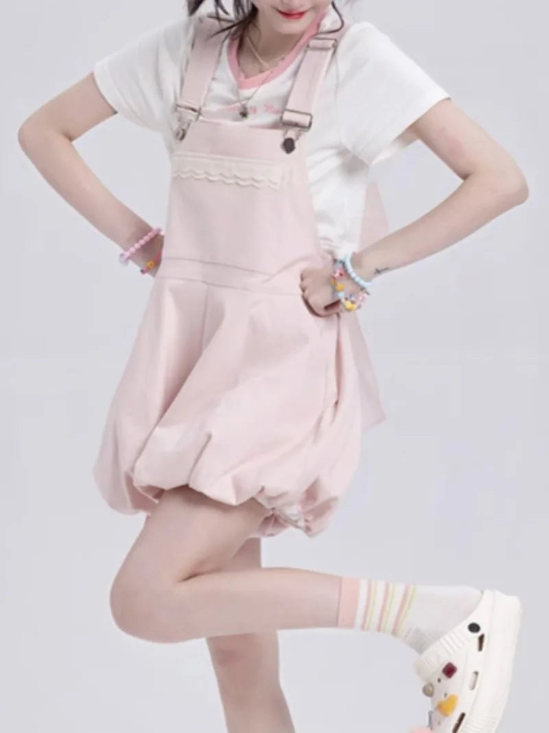 Kawaii Dopamine Japanese Girl Short Suspender Pants Students 2025 New Wear Loose Cute Bud Light Blue Strap Shorts Female