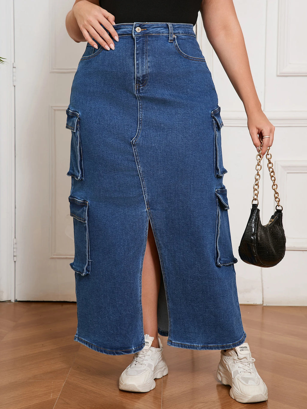 Denim Long Skirt for Women Street Style Cargo Design Split Hem Chic Outfit Casual Fashion Clothing Pants