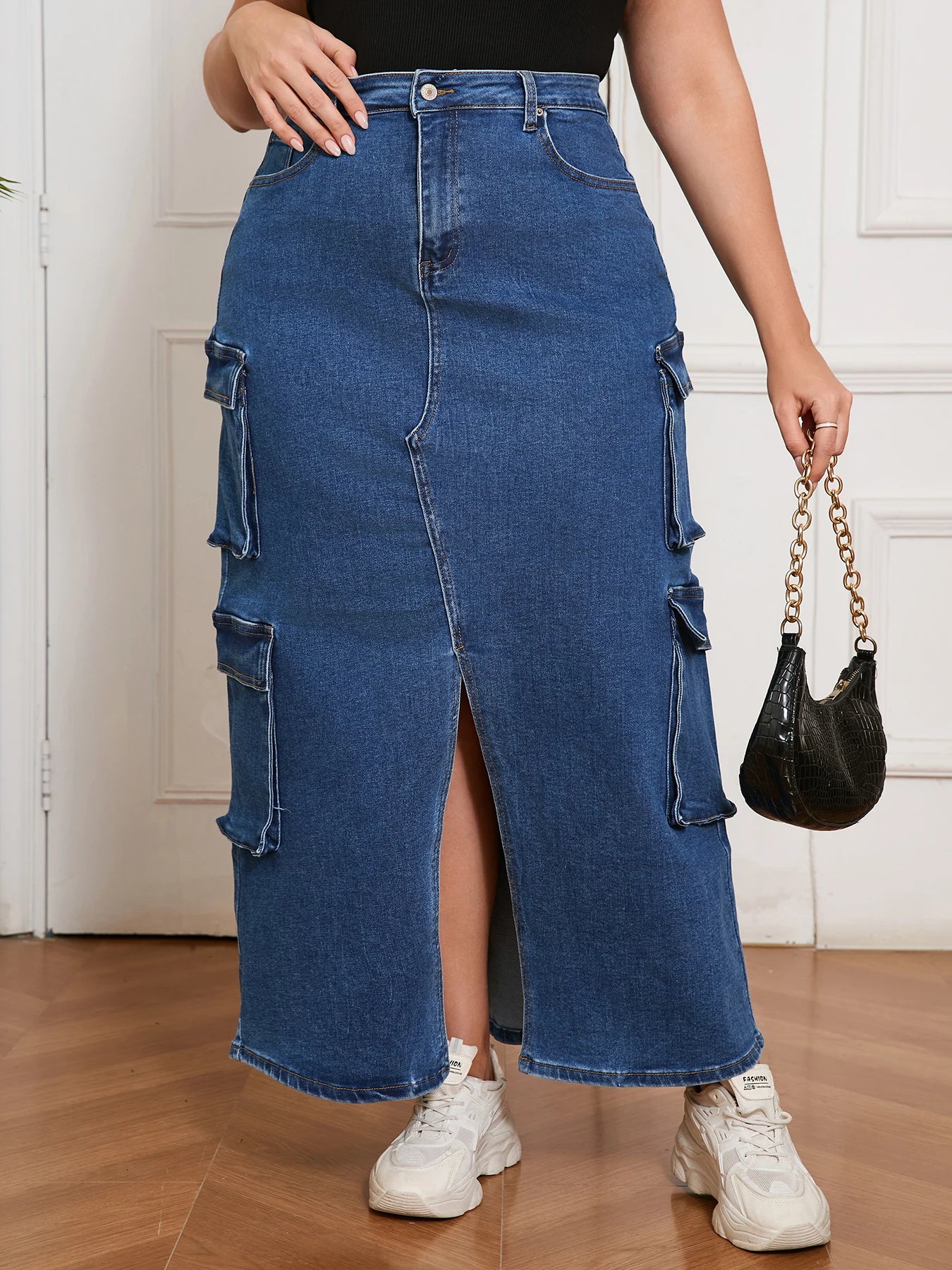 Denim Long Skirt for Women Street Style Cargo Design Split Hem Chic Outfit Casual Fashion Clothing Pants