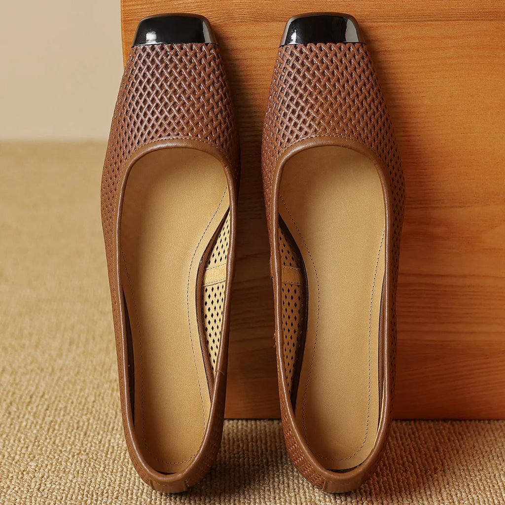 Plus size 34-41 women's hollow-out sheepskin slip-on summer breathable pumps metal toe 3cm kitten heel elegant ladies heels shoe