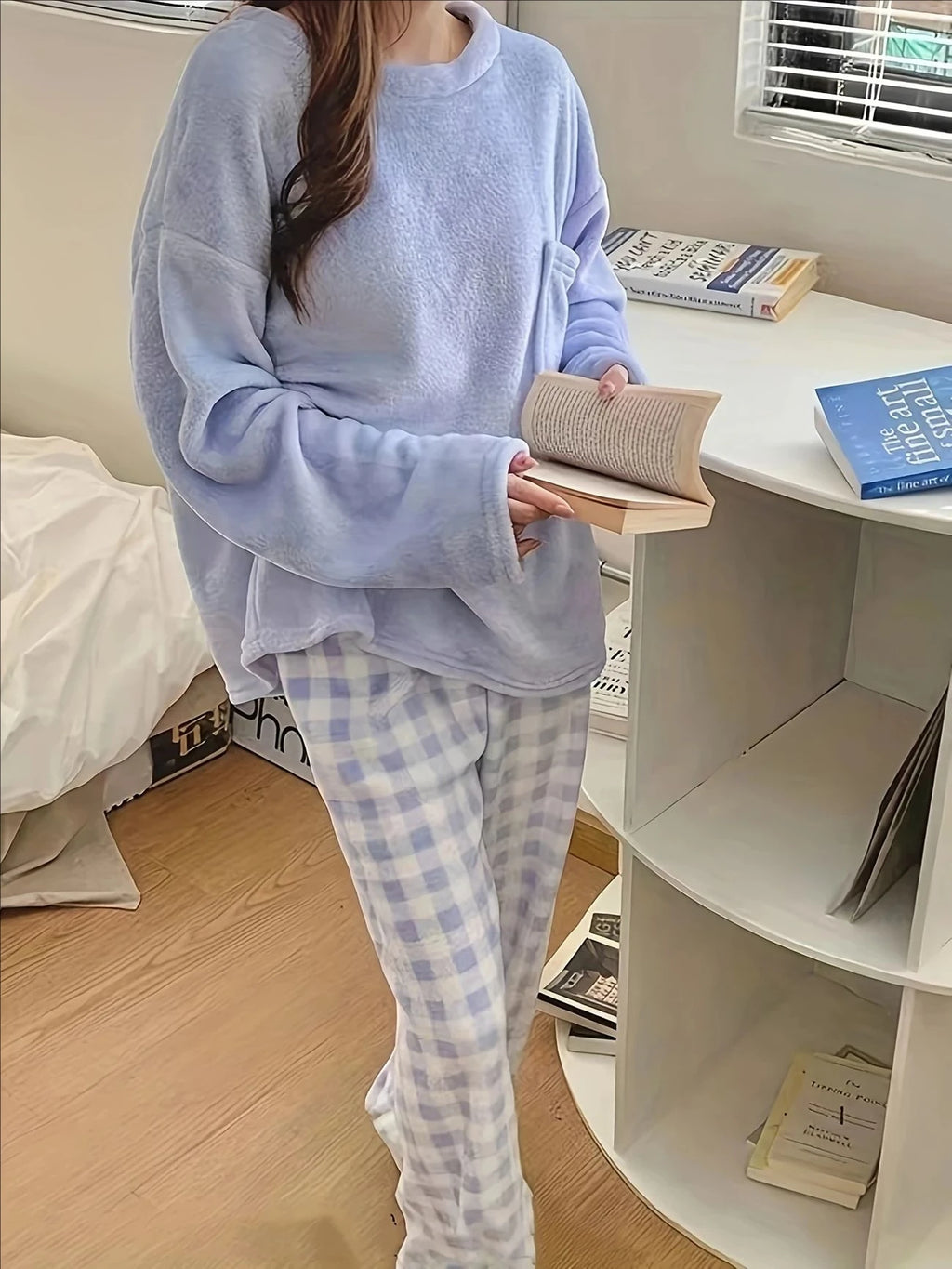 Thickened Warm Sleepwear for Winter Simple O-Neck Loose Flannel Plaid Pants Loungewear Soft 2 Piece Set Pajamas Homewear