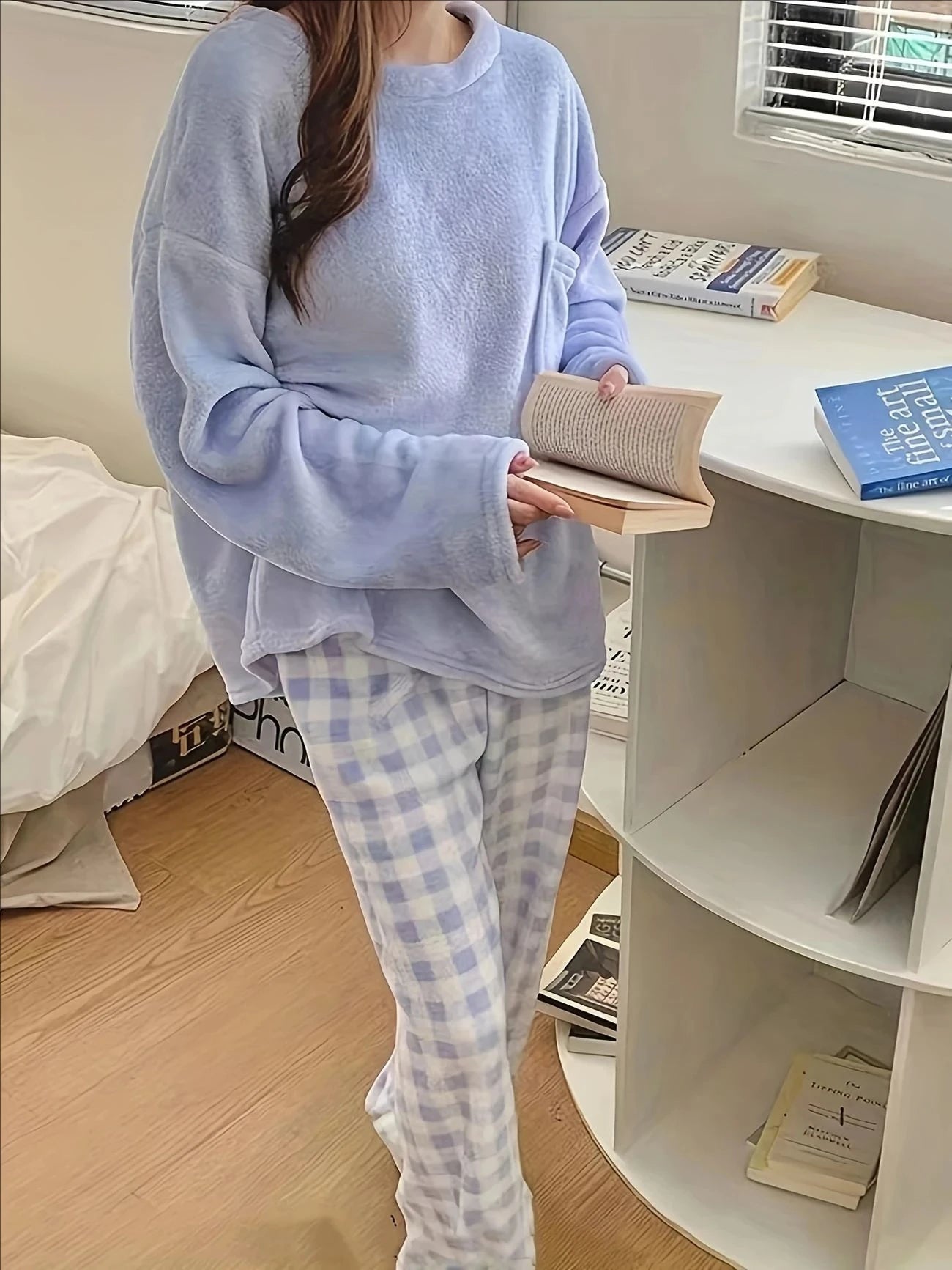 Thickened Warm Sleepwear for Winter Simple O-Neck Loose Flannel Plaid Pants Loungewear Soft 2 Piece Set Pajamas Homewear