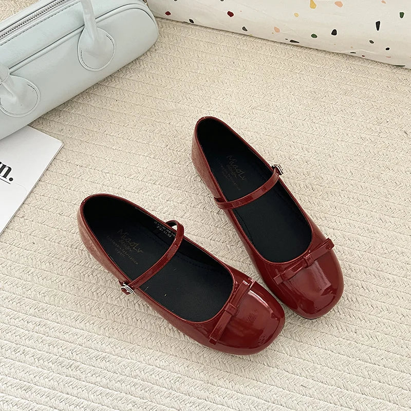 Spring Autumn Wine Red Mary Jane Shoes For Women Low Heel  Fashion Butterfly-knot Roud Toe Female Eelgant Dress Leather Shoes