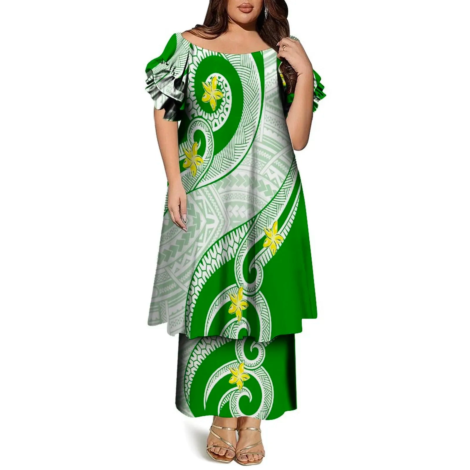 Custom Frill Short Sleeve Womens Dress Polynesian Samoan Puletasi Dress 2 Piece Pacific Island Design Off the Shoulder Dress