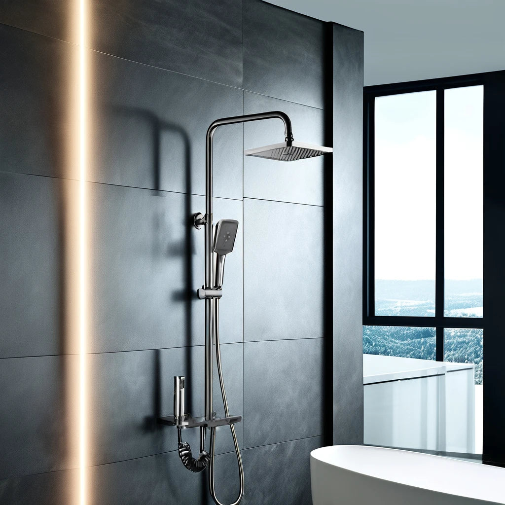 KAWAL Four-Function Digital Display Waterfall Multifunctional Shower Set Gun Gray Square Top Hand-Held Bath Shower Faucets