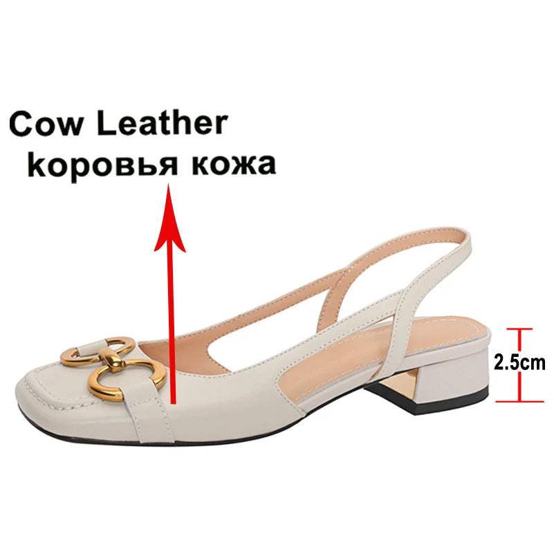 Meotina Genuine Leather Slingback Shoes Thick Low Heel Square Toe Pumps Elastic Band Metal Decoration Ladies Footwear Apricot 43