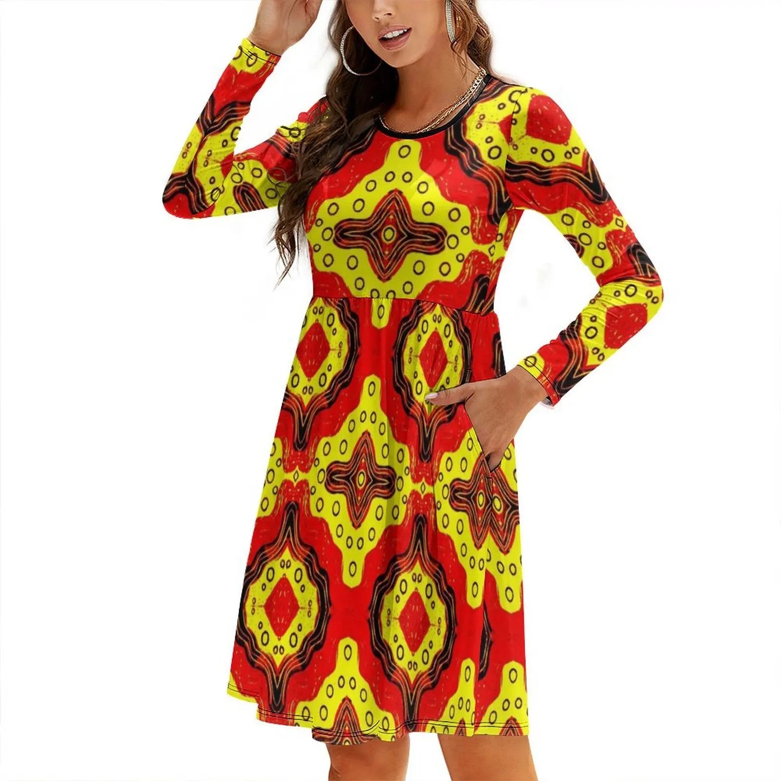 Pattern In Red And Yellow Women's Elegant Party Dress A-Line Dress With Short/Long/Sleeveless Options Pattern Red Yellow Red