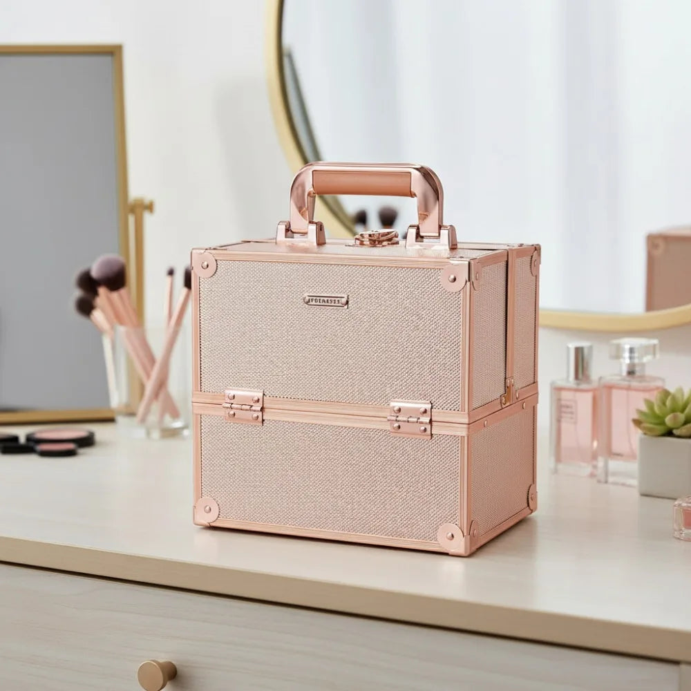 Portable Lockable Makeup Train Case with Dividers, Rose Gold Cosmetic Organizer for Travel & Storage