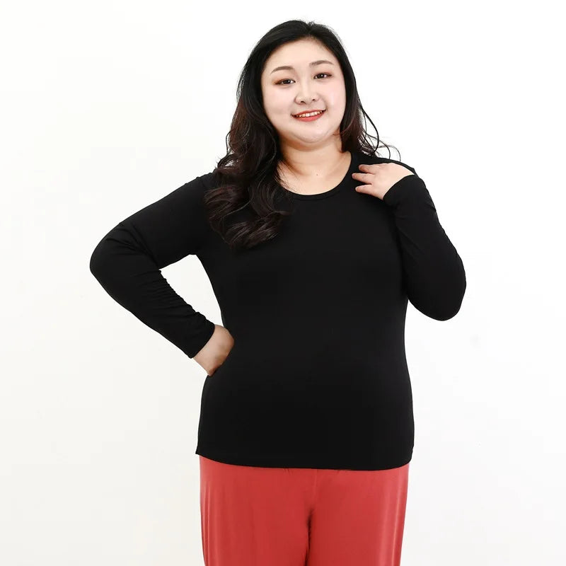 Spring and Autumn New Loose Large Round Neck Bottom Shirt for Women's Fat Mm Modal Solid Color Long Sleeve T-Shirt Top Pajamas