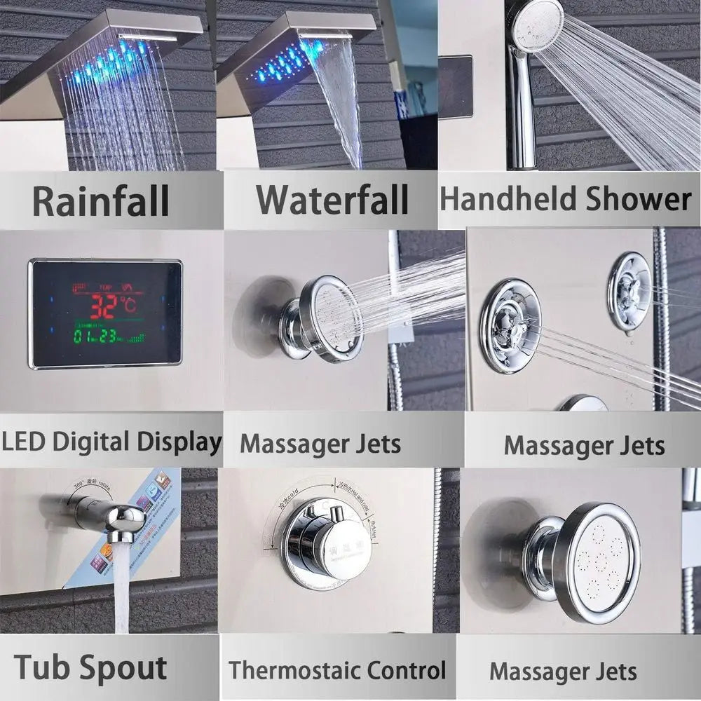6-in-1 Brushed Nickel Shower Panel with LED, Adjustable Jets, Waterfall, Handheld, and Tub Spout