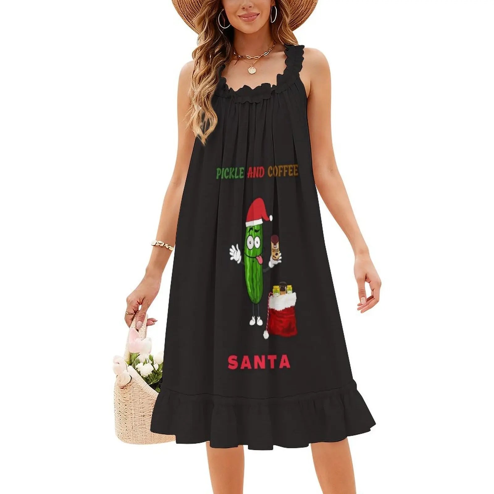 Pickle And Coffee Santa Preppy Style Mini Dress For Women A-Line Loose Fit Casual Day Dress Marvacousins246 Pickle Andhave A