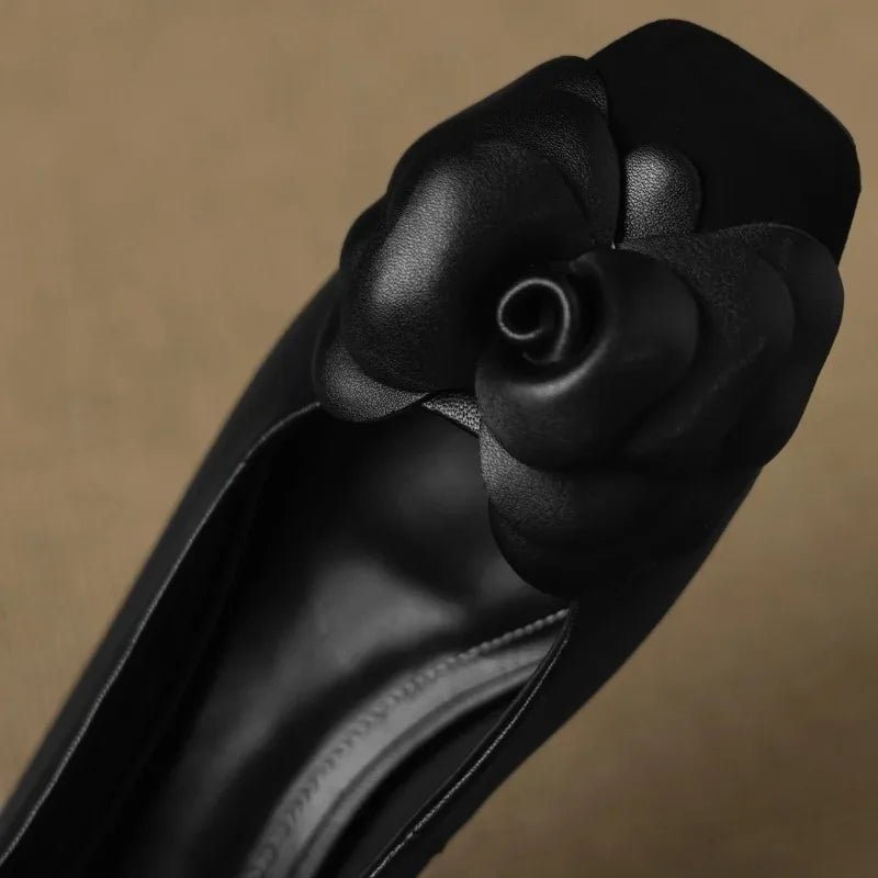 Plus size 34-41 women's sheepskin mix color patchwork slip-on pumps flower decoration OL style daily slim dress heeled shoes hot