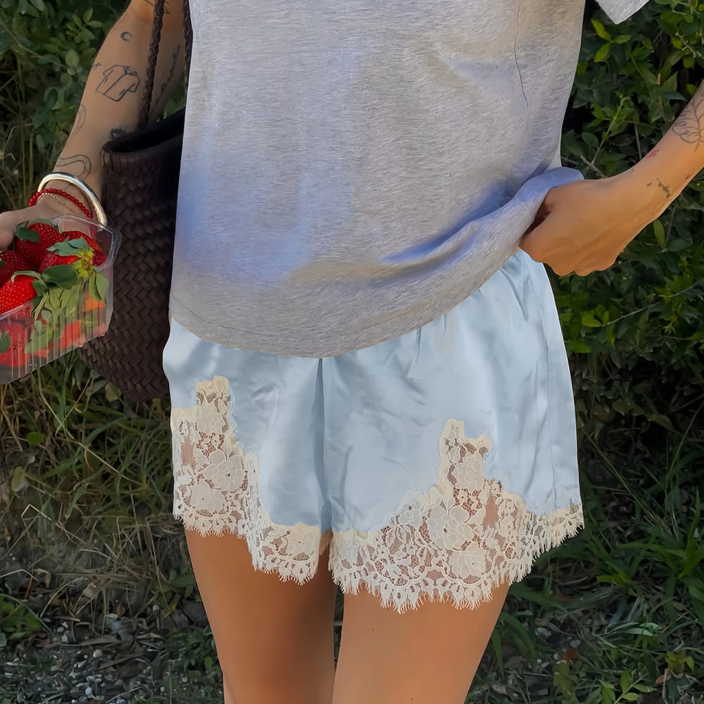 Y2k Women Silk Satin Shorts Lace Trim Patchwork Micro Mini Slip Shorts Low Rise Lingerie Pajamas Coquette Boxers Streetwear