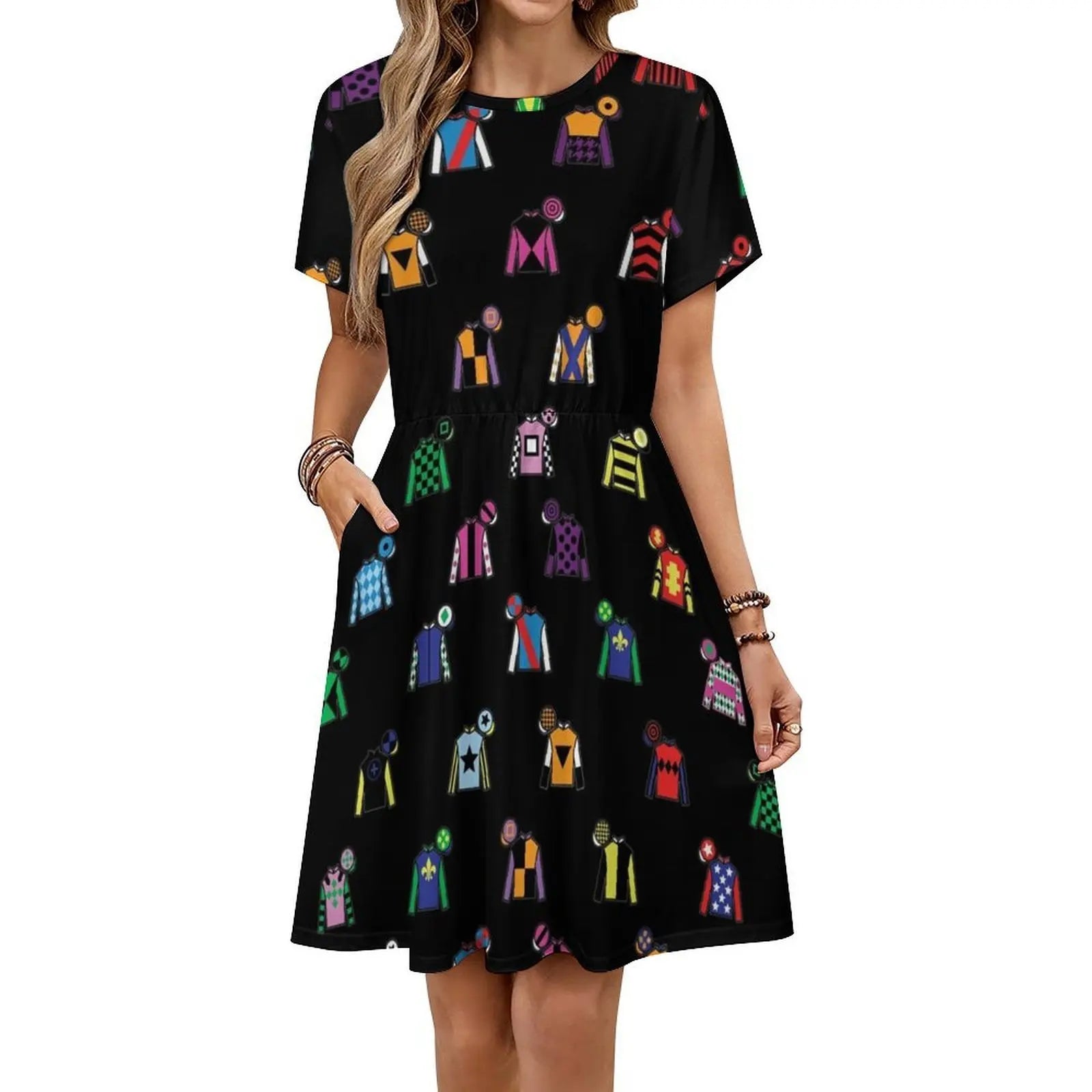 Horse Racing Jockey Silk Print Black Boho Chic Dress Elegant Fashion Beach Wedding Party Gown Horse Racing Derby Horse Racing