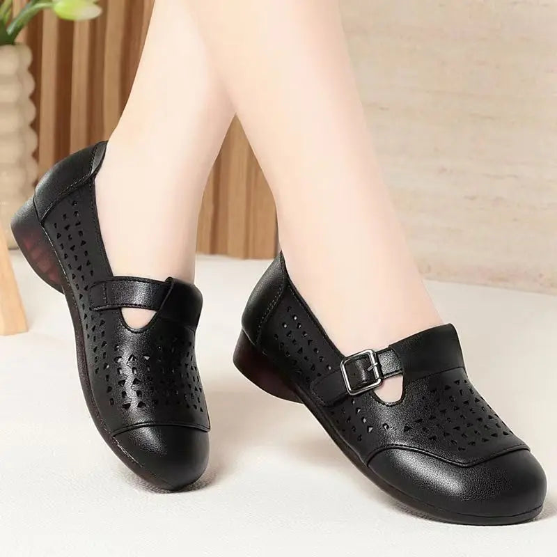 Women's Leather Hollow Out Low Heel Shoes Spring Summer Soft Sole Non Slip Round Toe Slip On Middle Aged And Elderly Sandals
