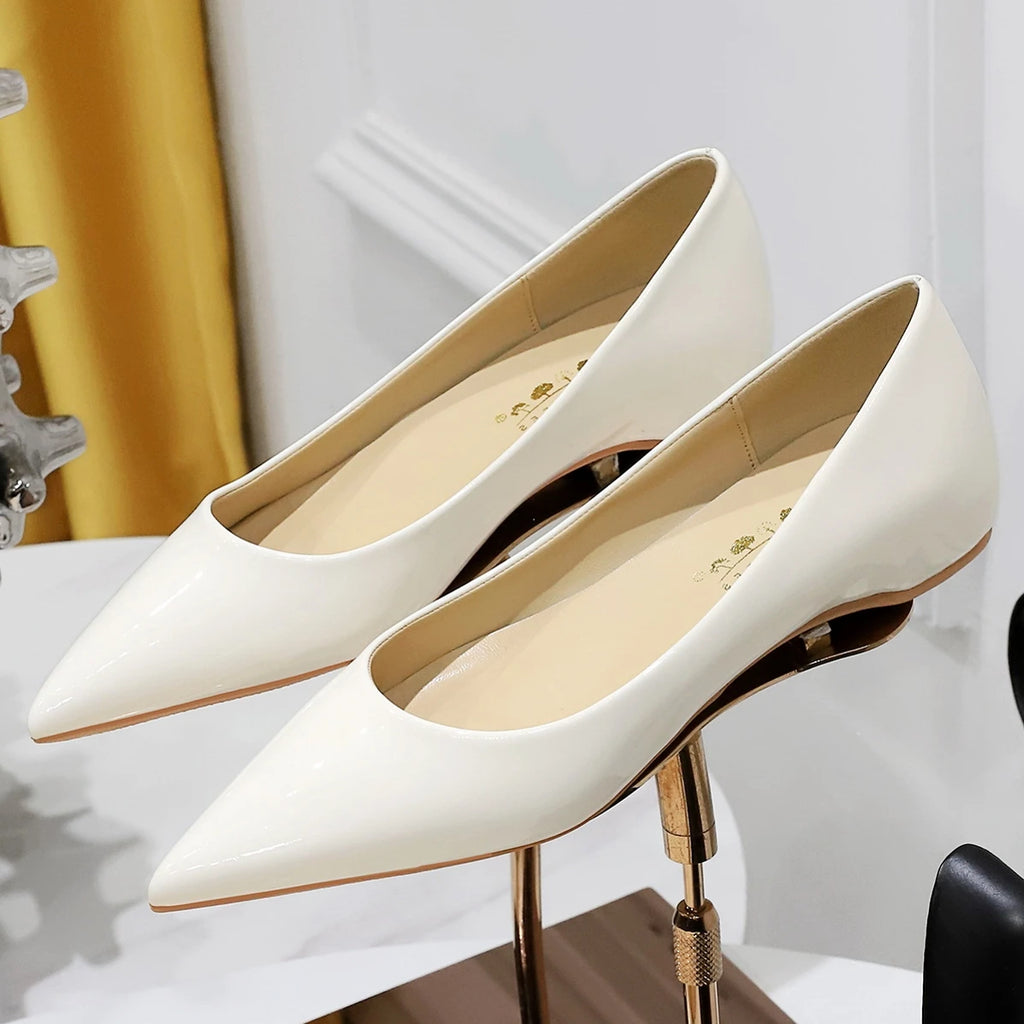 2025 New Spring Women Low High Heels Dress Party Pointed Toe Patent Leather Pumps Ladies White Black Nude Wine Red Shoes F0001