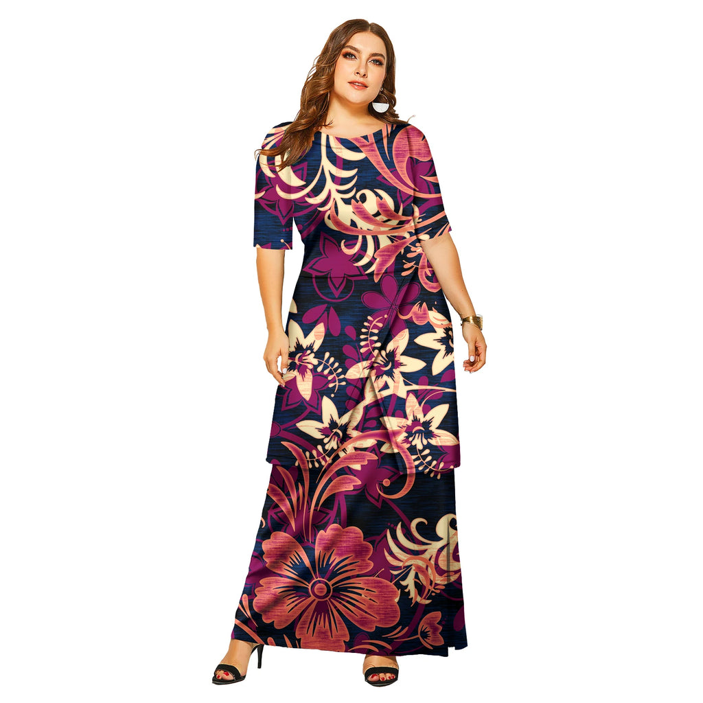 New Fashion Floral Sleeve Elegant Women Long Dress Pacific Island Hawaiian Beach Wear Puletasi Dresses